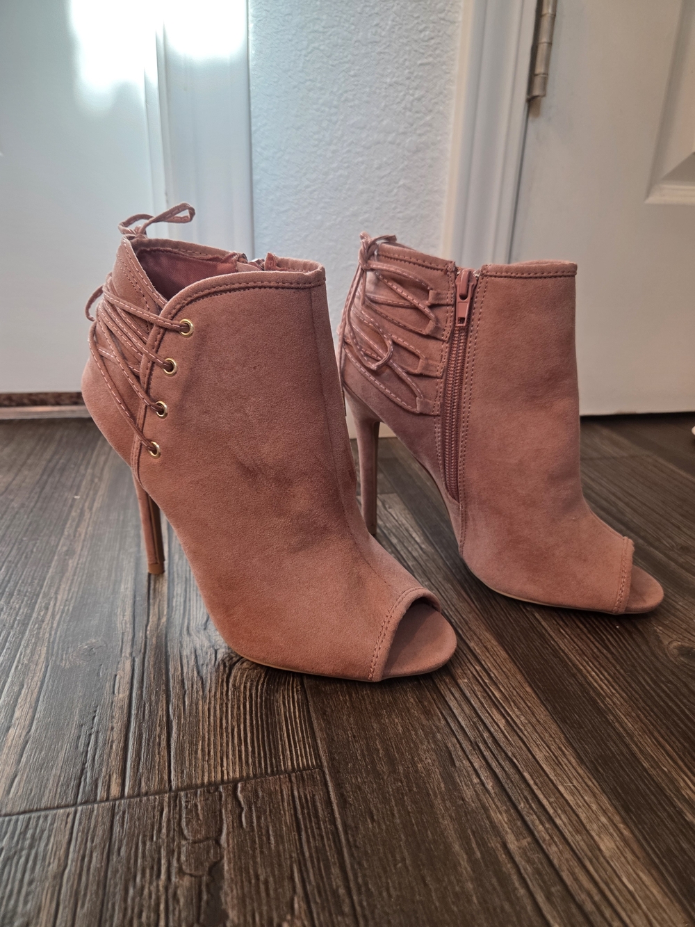 Women's Peep-Toe Lace-Up Suede Ankle Boots - Blush